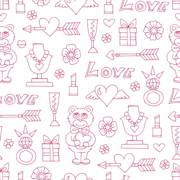 Vector seamless pattern with hand drawn symbols of love on white — Stock Vector