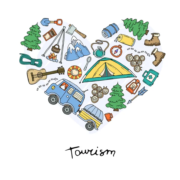 Stilisiertes Herz mit handgezeichneten farbigen Symbolen des Tourismus und — Stockvektor