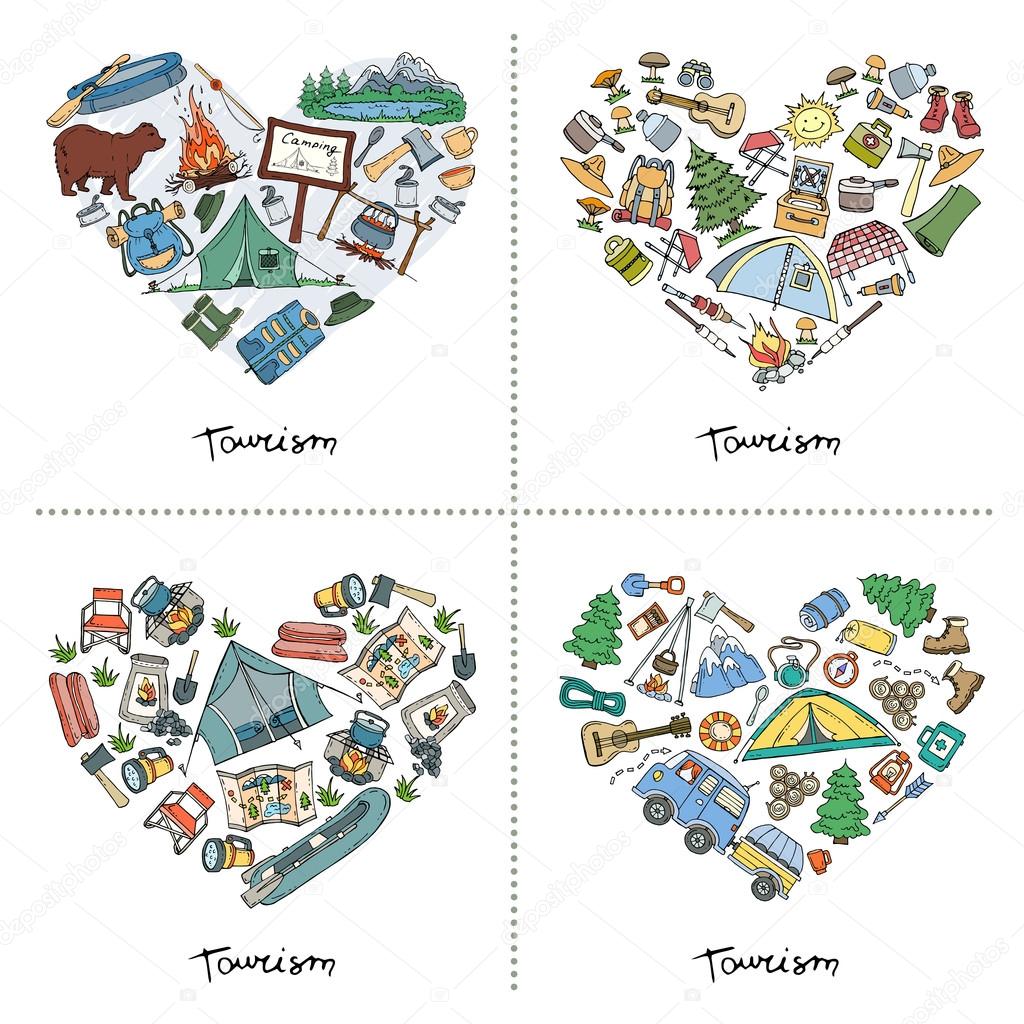 Set with stylized heart of hand drawn tourism and camping symbol