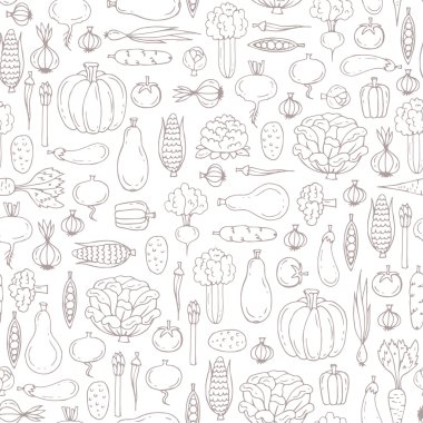 W üzerinde elle çizilmiş izole sebzeler ile vektör dikişsiz desen
