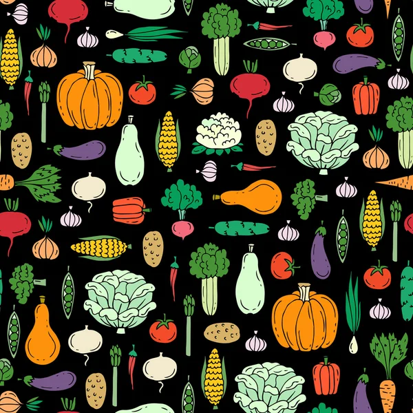 Modèle sans couture vectoriel avec des légumes colorés dessinés à la main sur bl — Image vectorielle