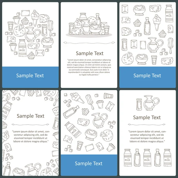 Vector set of prepared cards with hand drawn dairy products, mil — Stock Vector