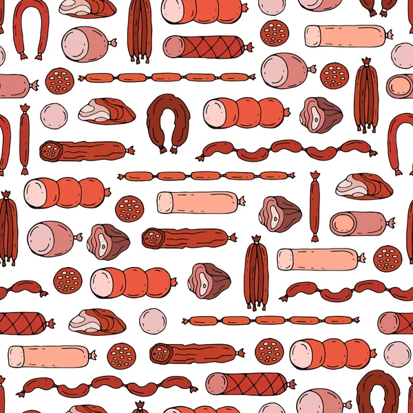 Modèle sans couture vectoriel avec des produits de saucisse dessinés à la main — Image vectorielle
