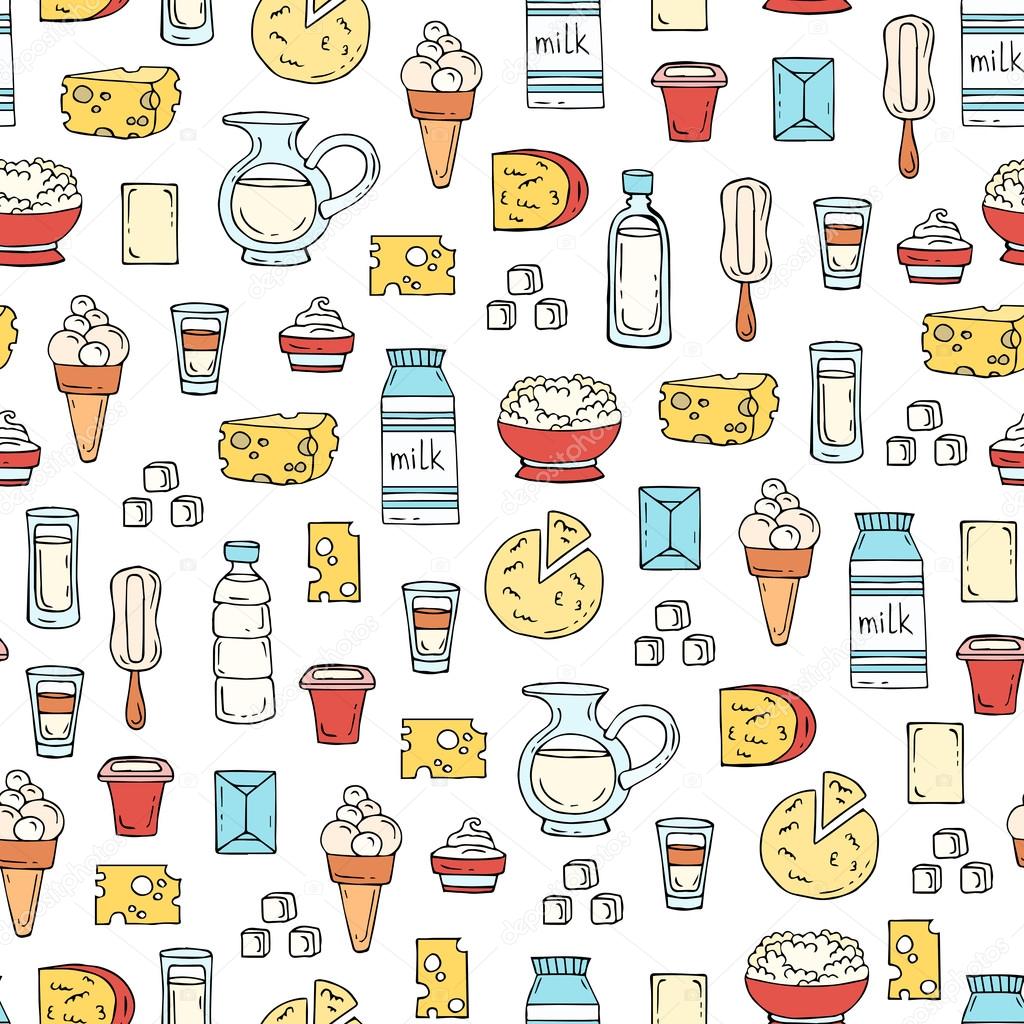 Vector seamless pattern with hand drawn colored dairy products, 