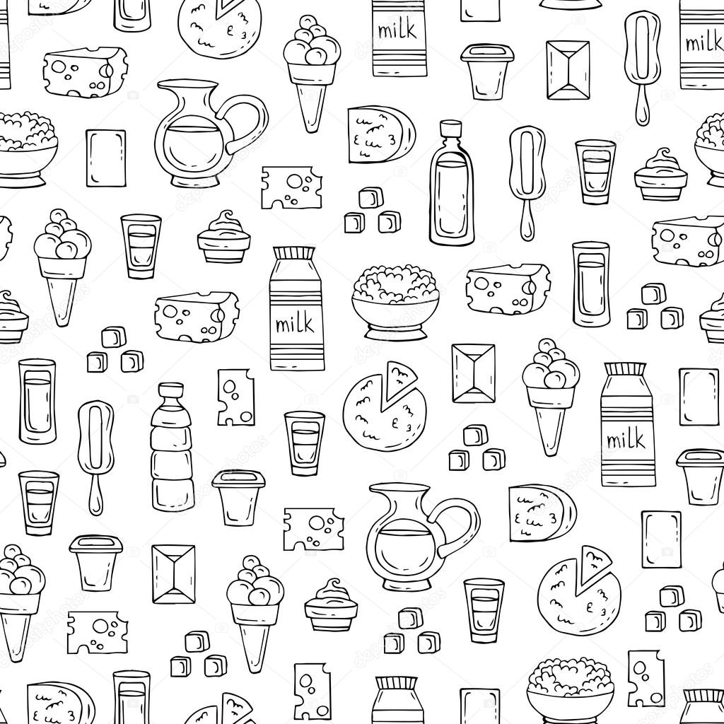 Vector seamless pattern with hand drawn isolated dairy products,