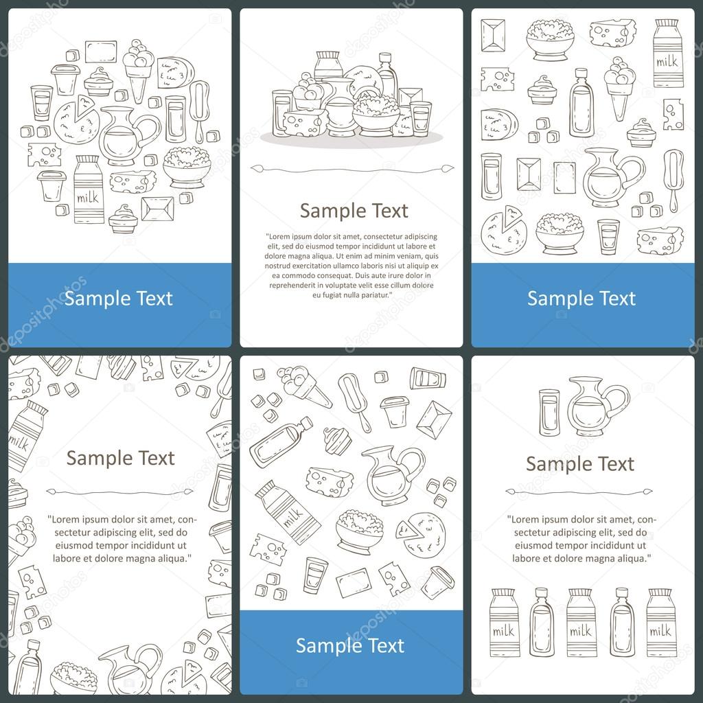 Vector set of prepared cards with hand drawn dairy products, mil