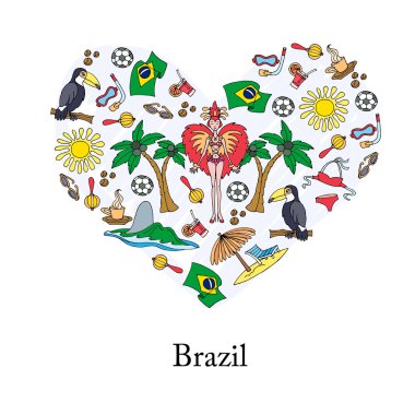 Brezilya el çizilmiş renkli semboller ile stilize kalp
