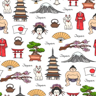 Japonya'nın elle çizilmiş renkli sembolleri ile vektör dikişsiz desen