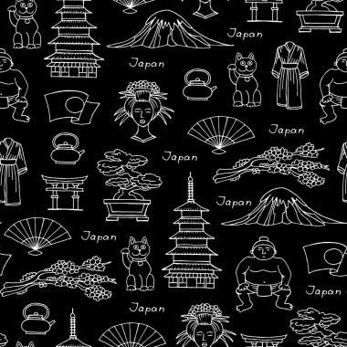 Japa'nın elle çizilmiş izole sembolleri ile vektör dikişsiz desen