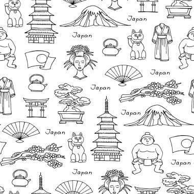 Japa'nın elle çizilmiş izole sembolleri ile vektör dikişsiz desen