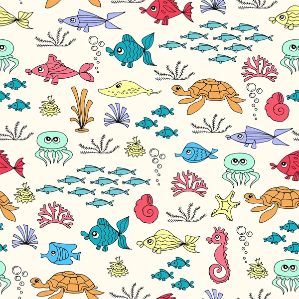 Vector seamless pattern with hand drawn colored fish — Stock Vector