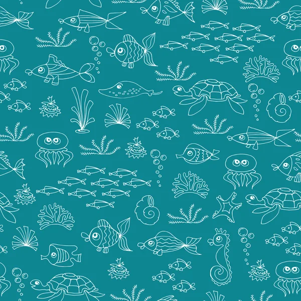 Vector seamless pattern with hand drawn fish on green color — Stock Vector