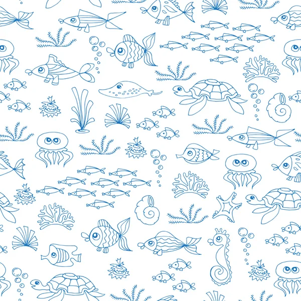 Modèle sans couture vectoriel avec des poissons dessinés à la main sur la couleur blanche — Image vectorielle