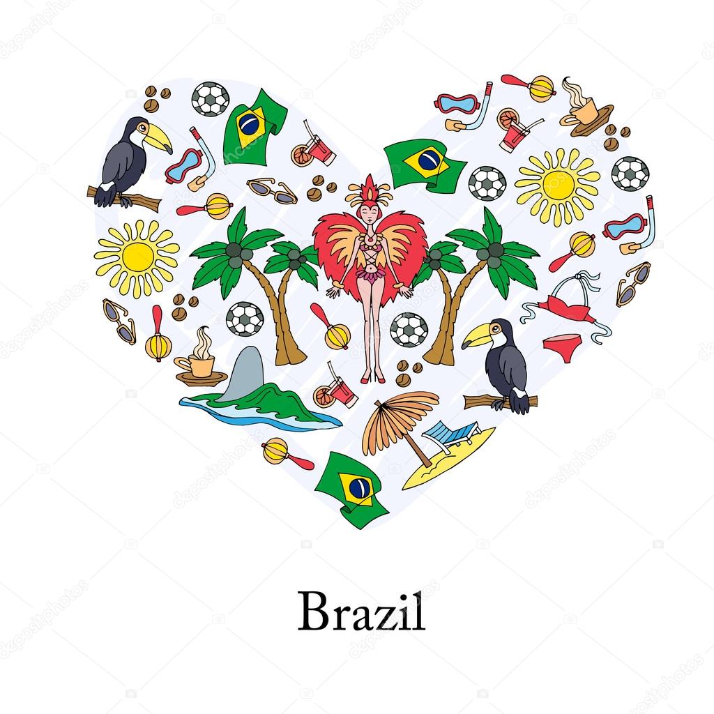 Stylized heart with hand drawn colored symbols of Brazil