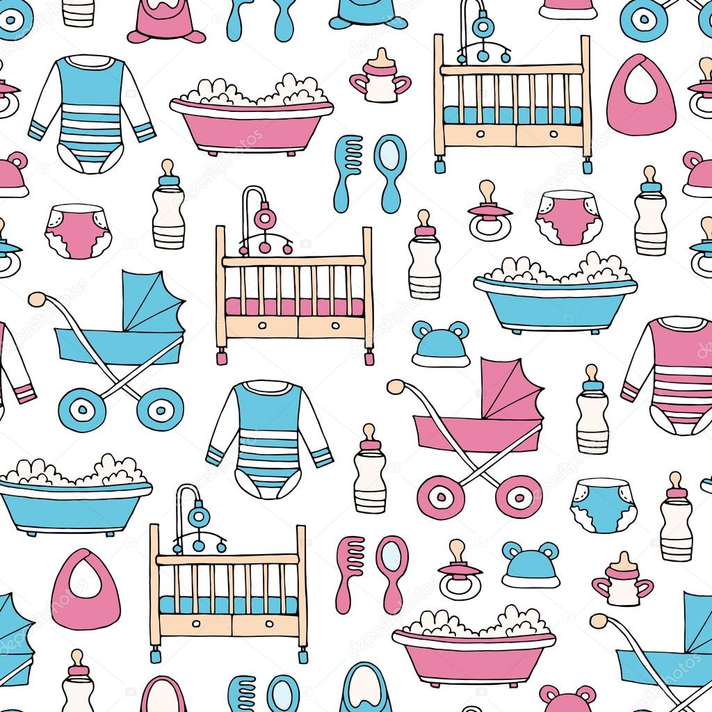 Vector seamless pattern with hand drawn colored symbols of baby 