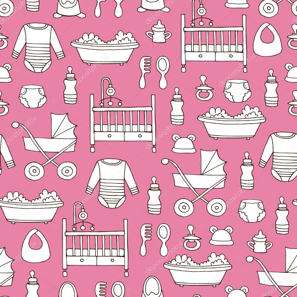 Vector seamless pattern with hand drawn symbols of baby girl on 