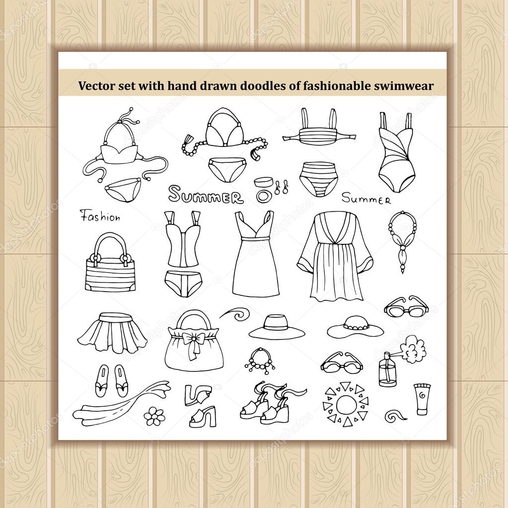 Vector set with hand drawn isolated doodles of swimwear