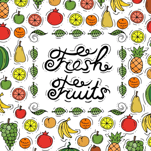 Capa decorativa bonito com mão desenhada frutas coloridas e texto — Vetor de Stock