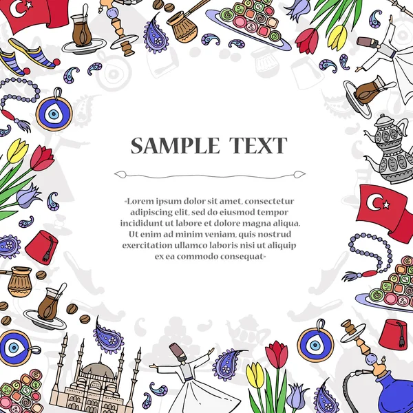 Leuke decoratieve cover met hand getekende gekleurde symbolen van Turkije — Stockvector