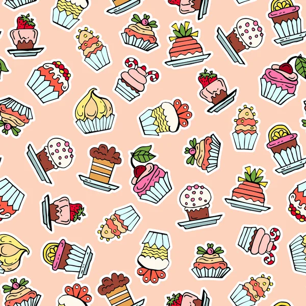 Vector seamless pattern with hand drawn colored cupcakes — Stock Vector