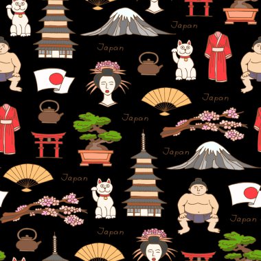 Japonya'nın elle çizilmiş renkli sembolleri ile vektör dikişsiz desen