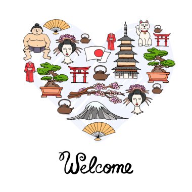 Japonya'nın el çizilmiş renkli sembolleri ile stilize kalp