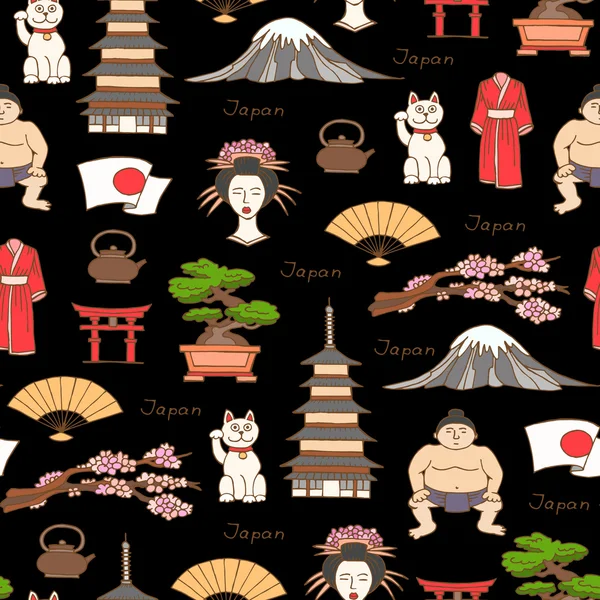 Patrón sin costura vectorial con símbolos dibujados a mano de Japón — Archivo Imágenes Vectoriales