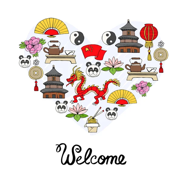 Çin'in el çizilmiş renkli sembolleri ile stilize kalp