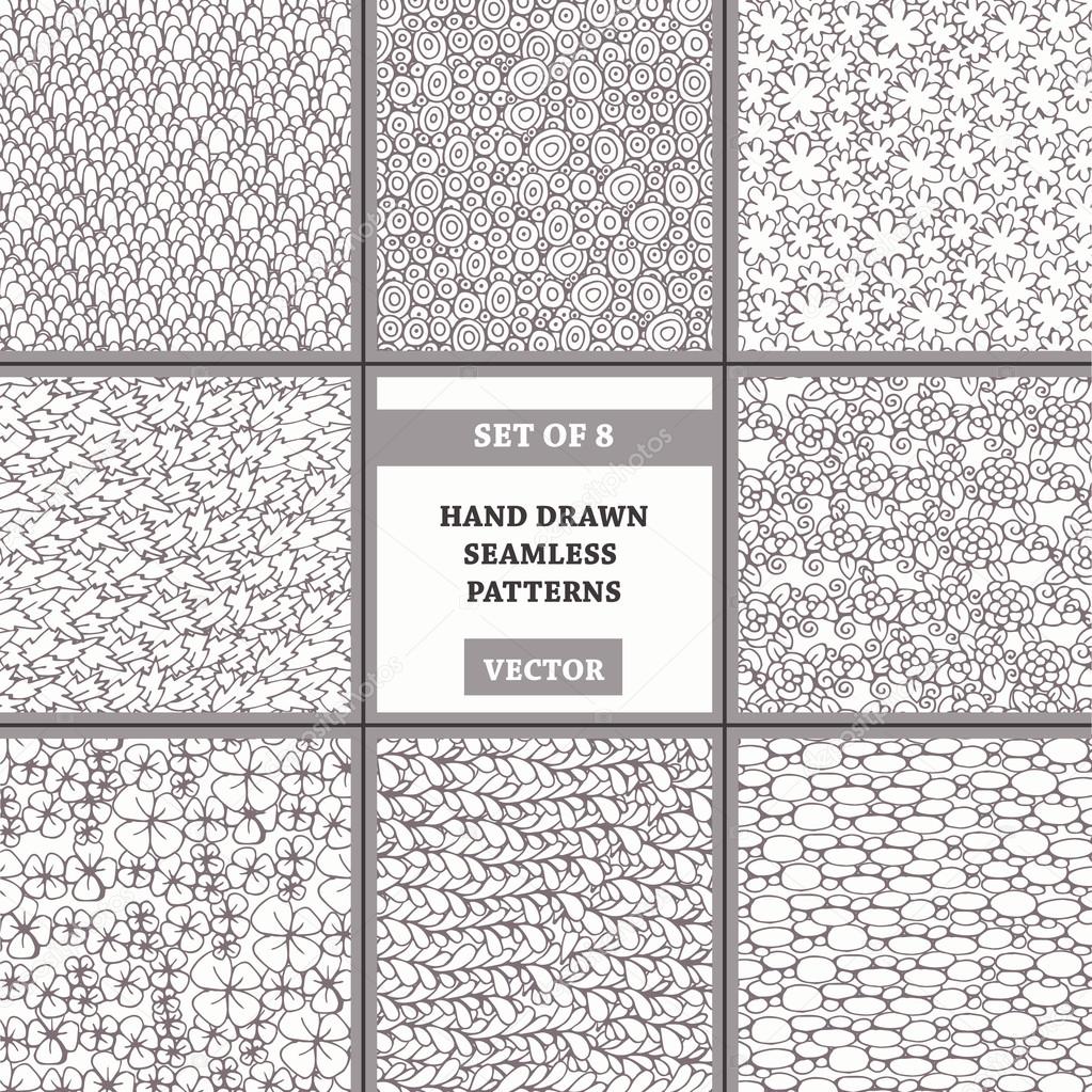 Vector set of hand drawn seamless patterns on beige color