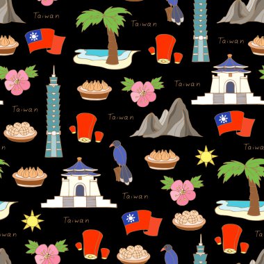 Taiwa elle çizilmiş renkli semboller ile Vektör dikişsiz desen