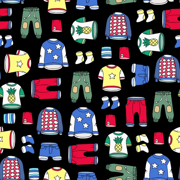 Vector naadloze patroon met de hand getekende gekleurde kleding voor jongens — Stockvector