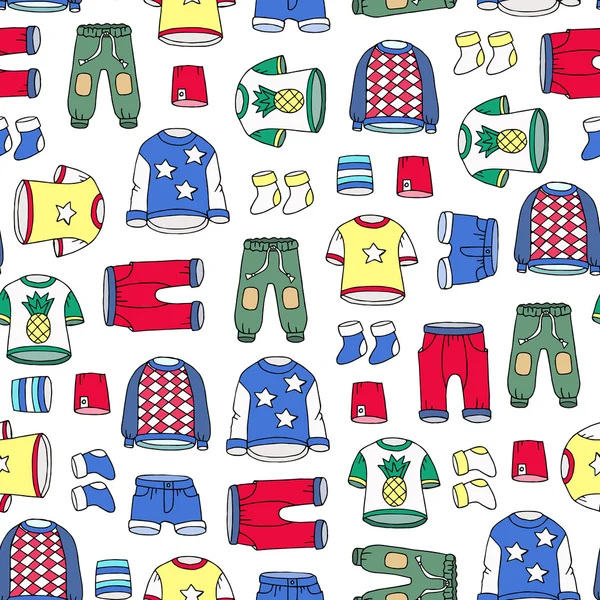 Patrón sin costura vectorial con ropa de color dibujada a mano para niños — Vector de stock