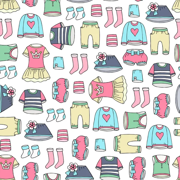 Vector seamless pattern with hand drawn colored clothes for girl — Stock Vector