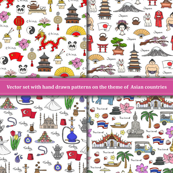 Vector set of hand drawn patterns with colored symbols of Asian 