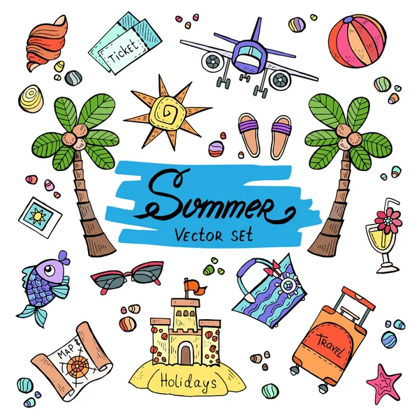 Vector set with hand drawn colored doodles of summer symbols — Stock Illustration Vector set with hand drawn colored doodles of summer symbols Stock Illustration