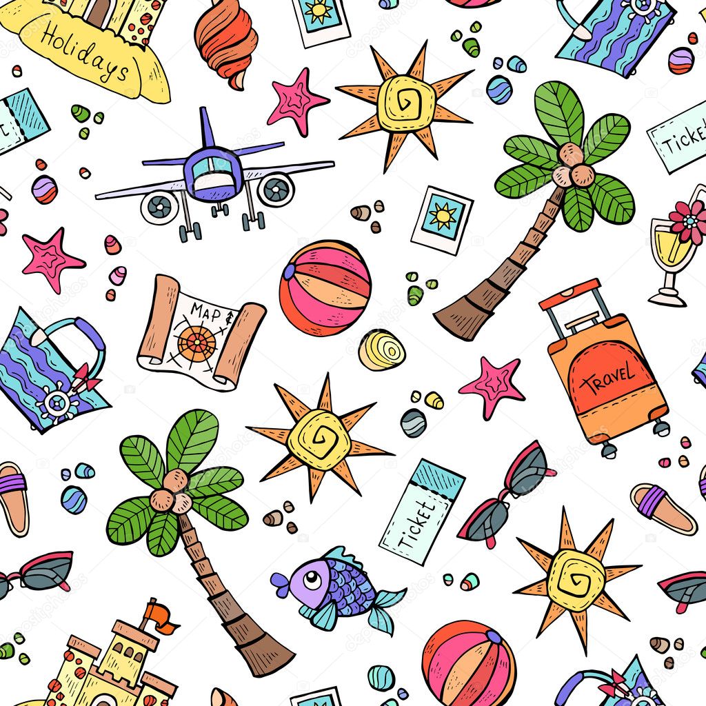 Vector seamless pattern with hand drawn colored symbols of summe