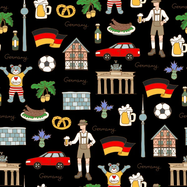 Vektor nahtloses Muster mit handgezeichneten farbigen Symbolen von Deutschland — Stockvektor