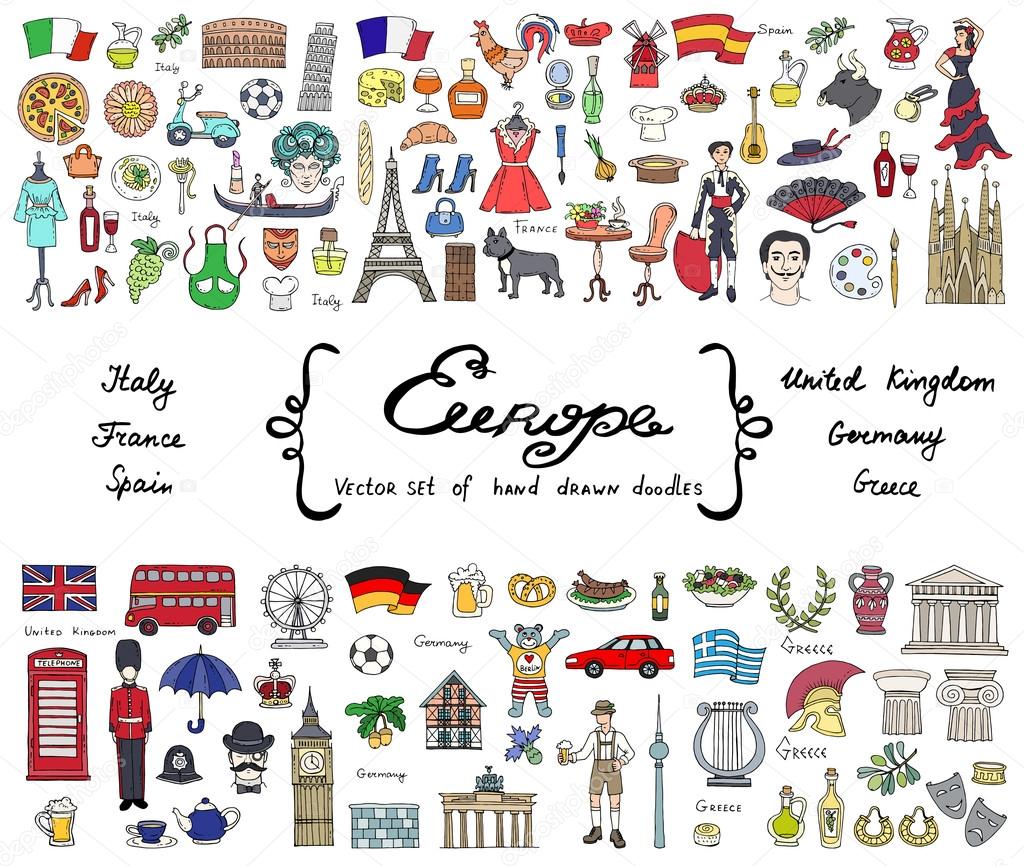 Vector set with hand drawn colored doodles on the theme of Europ