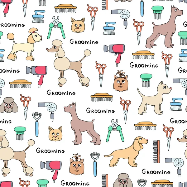 Renkli köpekler ve sembolleri vektör seamless modeli el ile çizilmiş