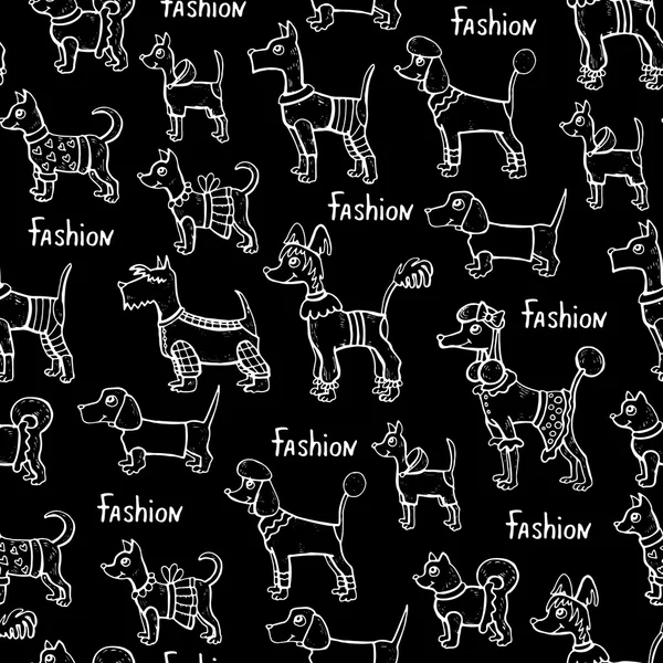 Modèle sans couture vectoriel avec des chiens isolés dessinés à la main sur c noir — Image vectorielle