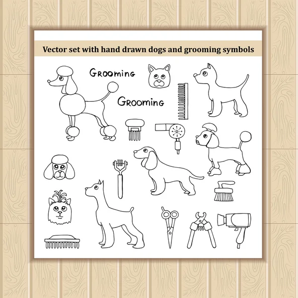 Векторный набор с нарисованными вручную изолированными каракулями собак и грумингом — стоковый вектор
