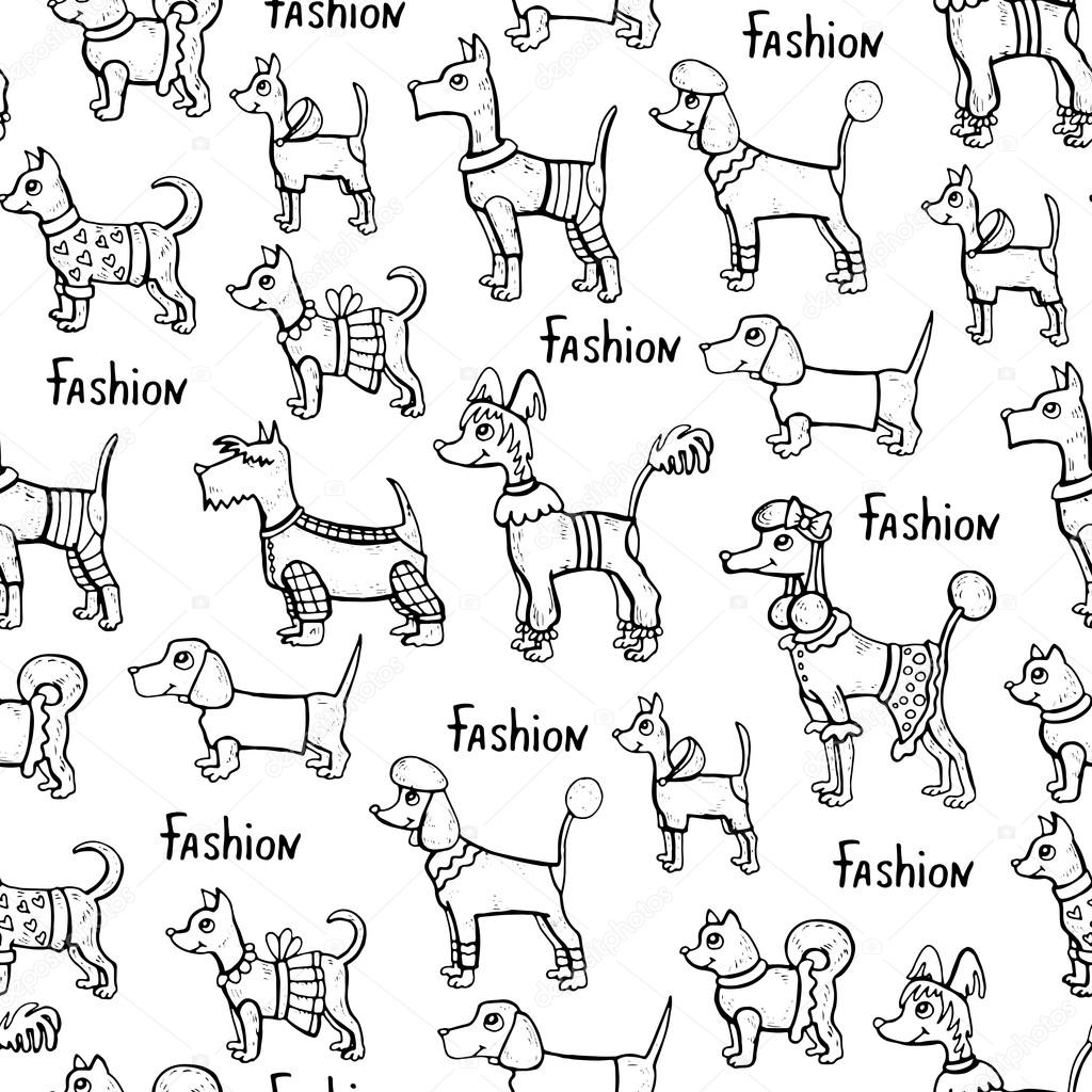 Vector seamless pattern with hand drawn isolated dogs on white c