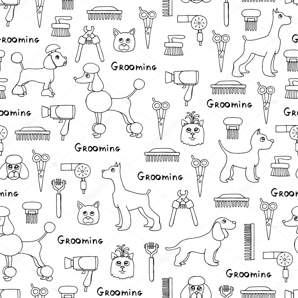 Vector seamless pattern with hand drawn isolated dogs, grooming 