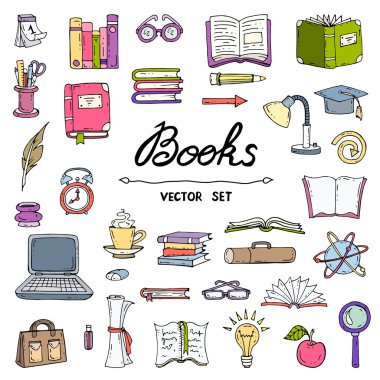 Vektör el çizilmiş, izole ve kitabın renkli doodle ile ayarlayın