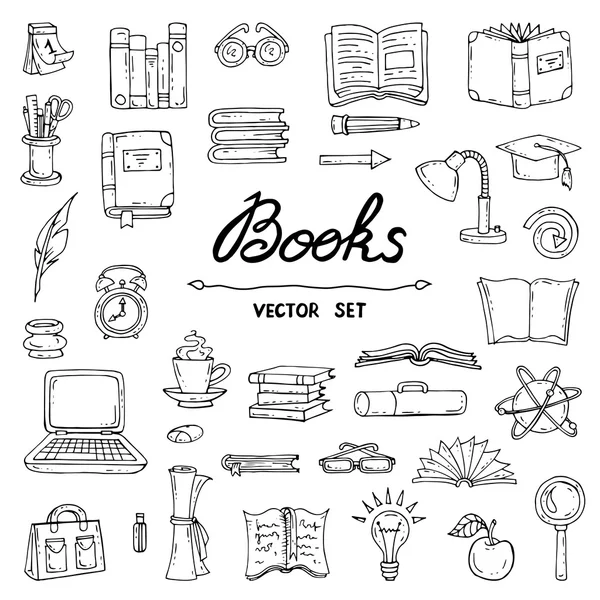 Vector set with hand drawn isolated doodles of books — Stock Vector