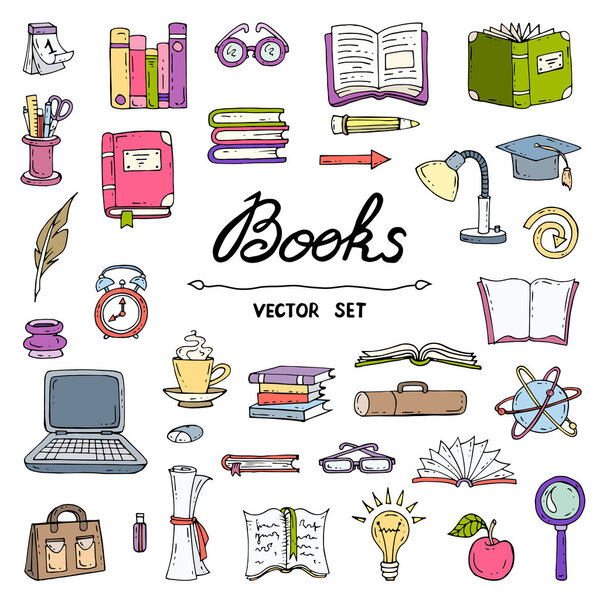 Vector set with hand drawn, isolated and colored doodles of book