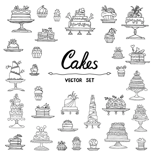 Vector set with hand drawn isolated doodles of cakes on white co — Stock Vector