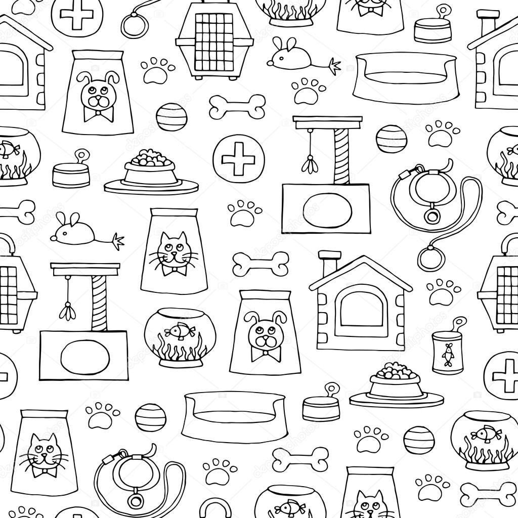 Vector seamless pattern with hand drawn isolated goods for pets 