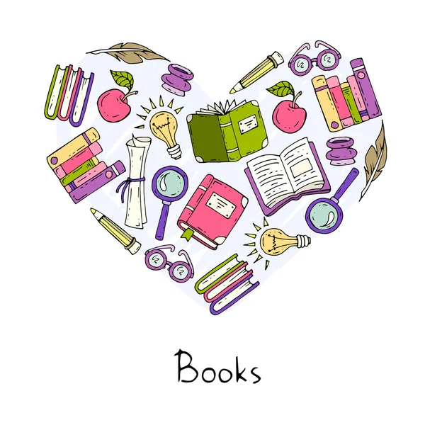 Стилізоване серце на тему книг та освіти — стоковий вектор