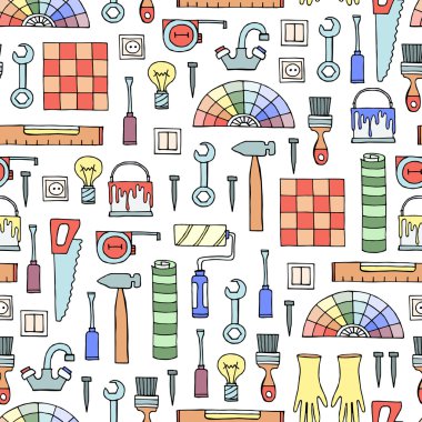 Araçları onarım için renkli vektör seamless modeli ile elle çizilmiş